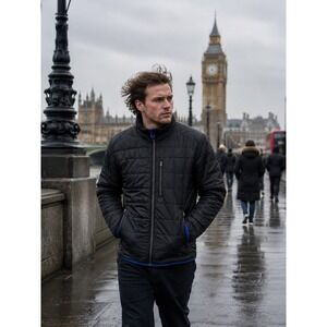 Lands' End Mens Large PrimaLoft Quilted Puffer Jacket Black Insulated Full Zip